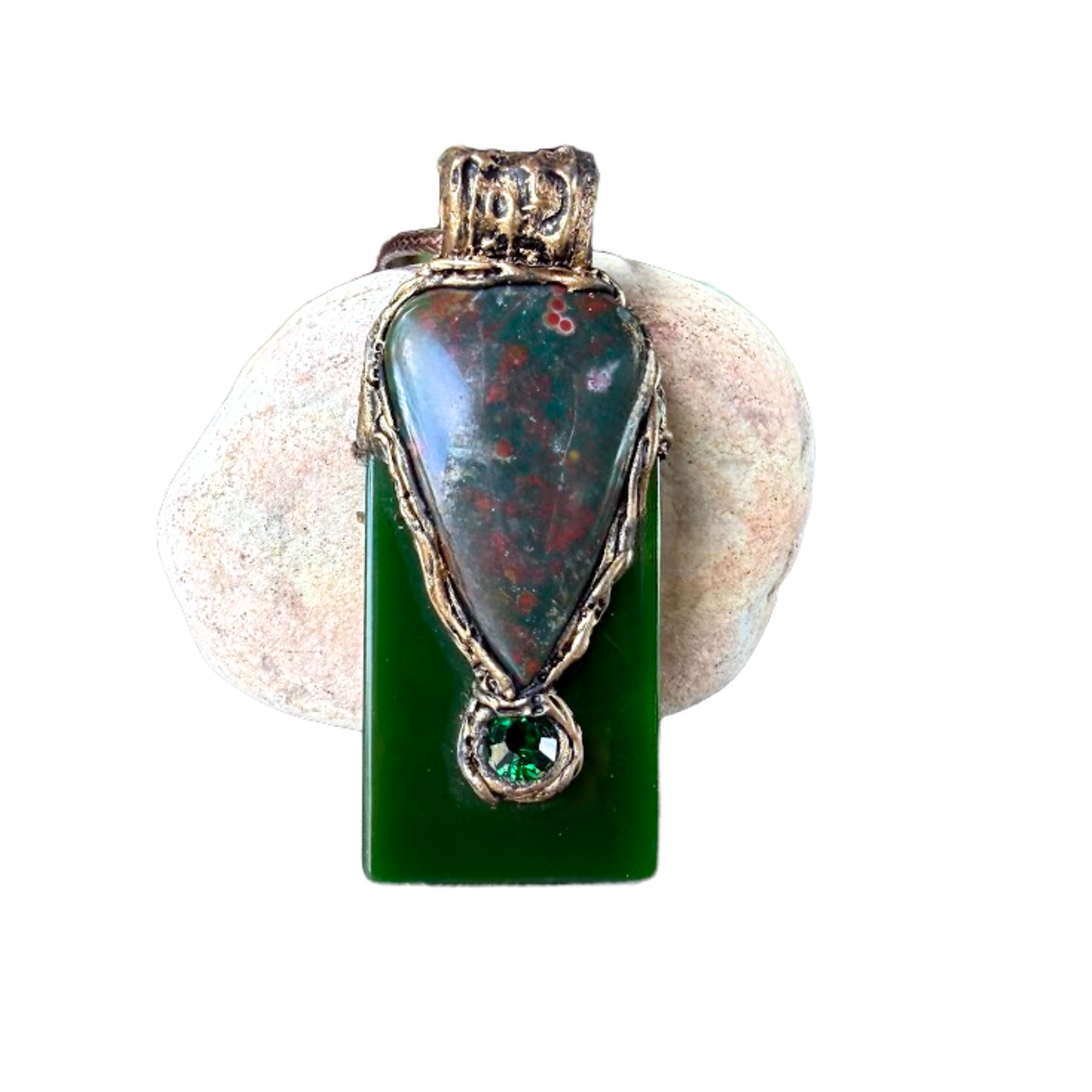 Large Bloodstone and green Jade pendant necklace with natural red-speckled Bloodstone in a handcrafted sculptural setting.