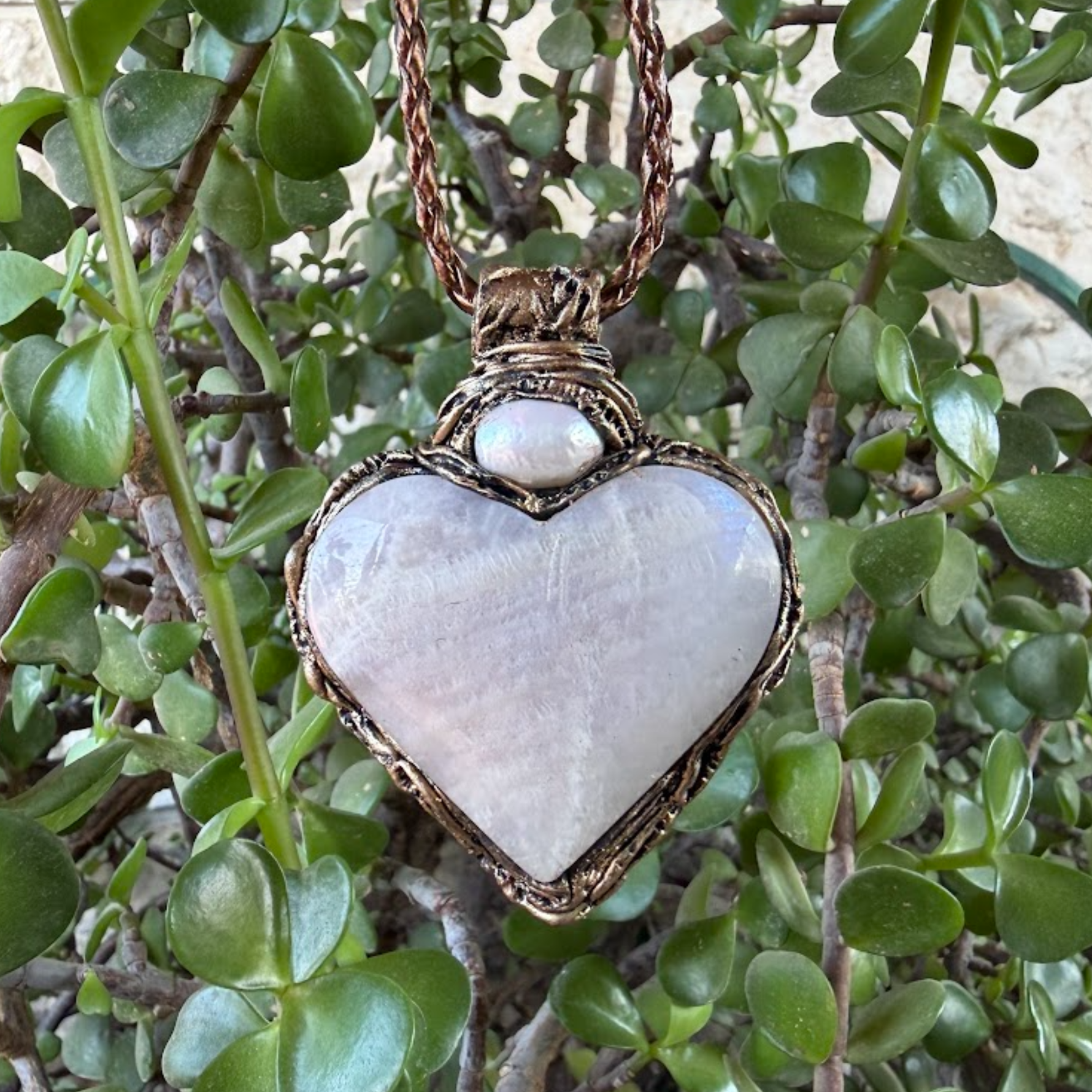 Moonstone and Pearl heart pendant necklace with luminous natural gemstones, handcrafted large one-of-a-kind crystal amulet.