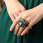 Oversized Serpentine, Fluorite and Green Aventurine statement ring with natural green stones in a handcrafted sculptural setting.