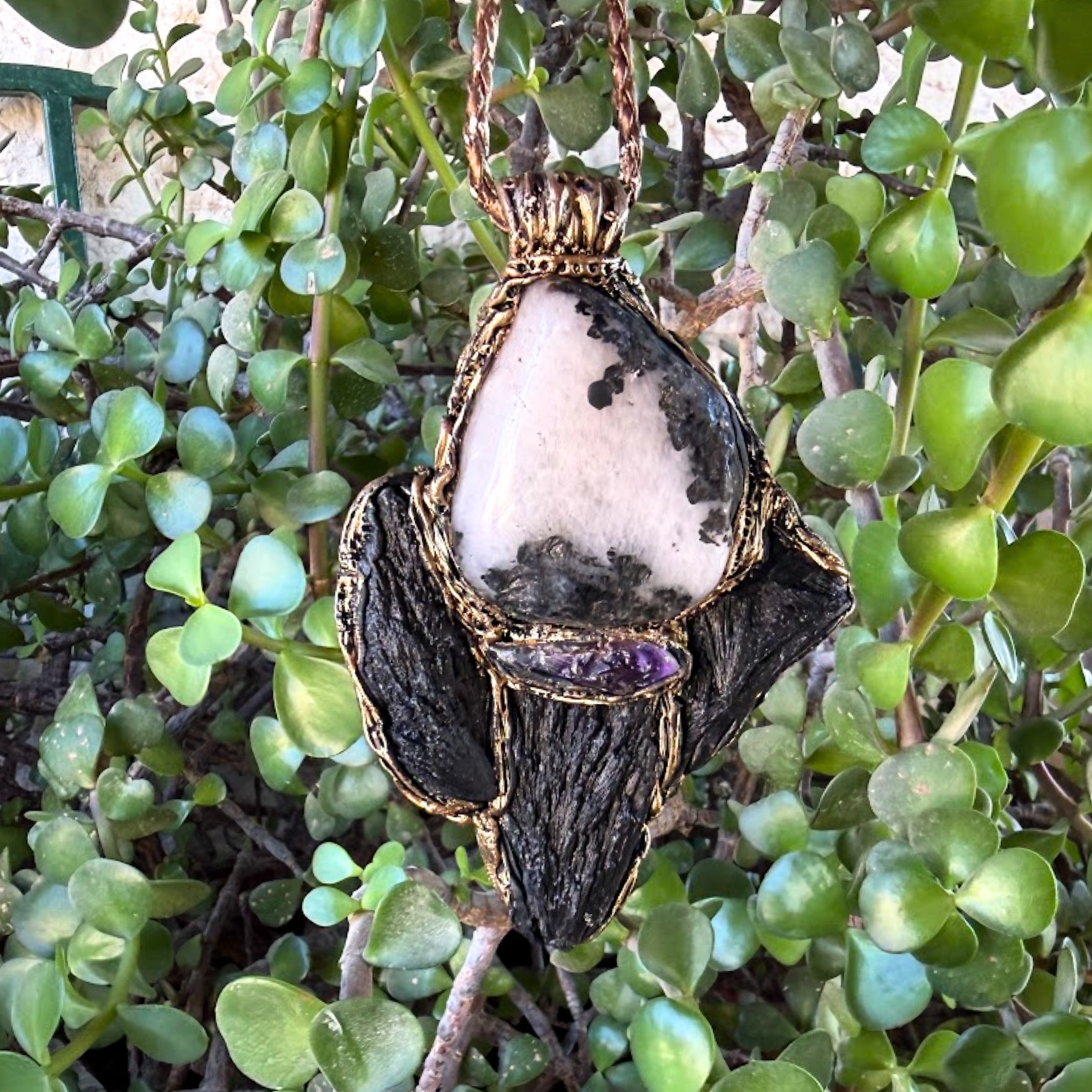 Black Kyanite & Tourmaline Quartz pendant necklace with natural raw crystals. A one-of-a-kind empath protection amulet for grounding and clarity.