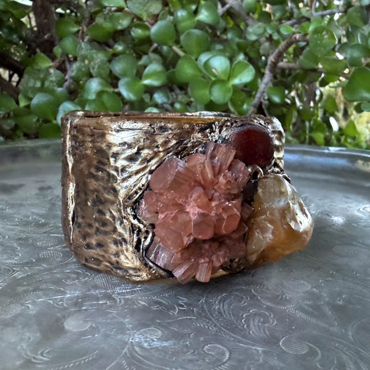 Aragonite, Citrine and Carnelian wide cuff bracelet, raw crystal statement jewelry.