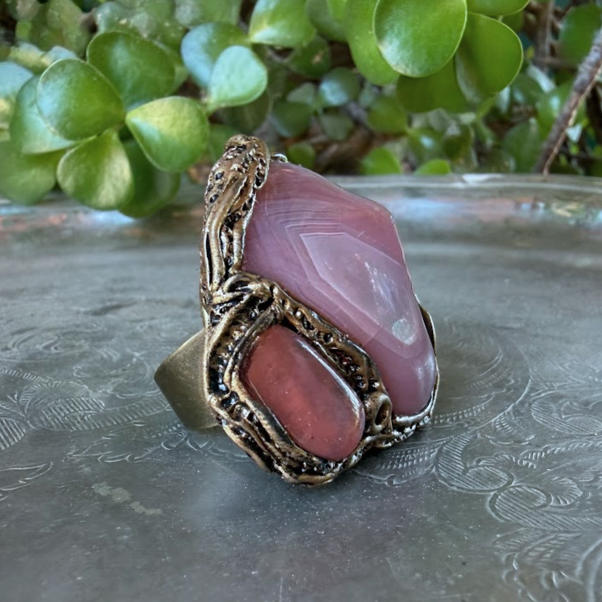 Peach Agate and Cherry Quartz statement ring with large pink and peach stones, handcrafted oversized cocktail ring.