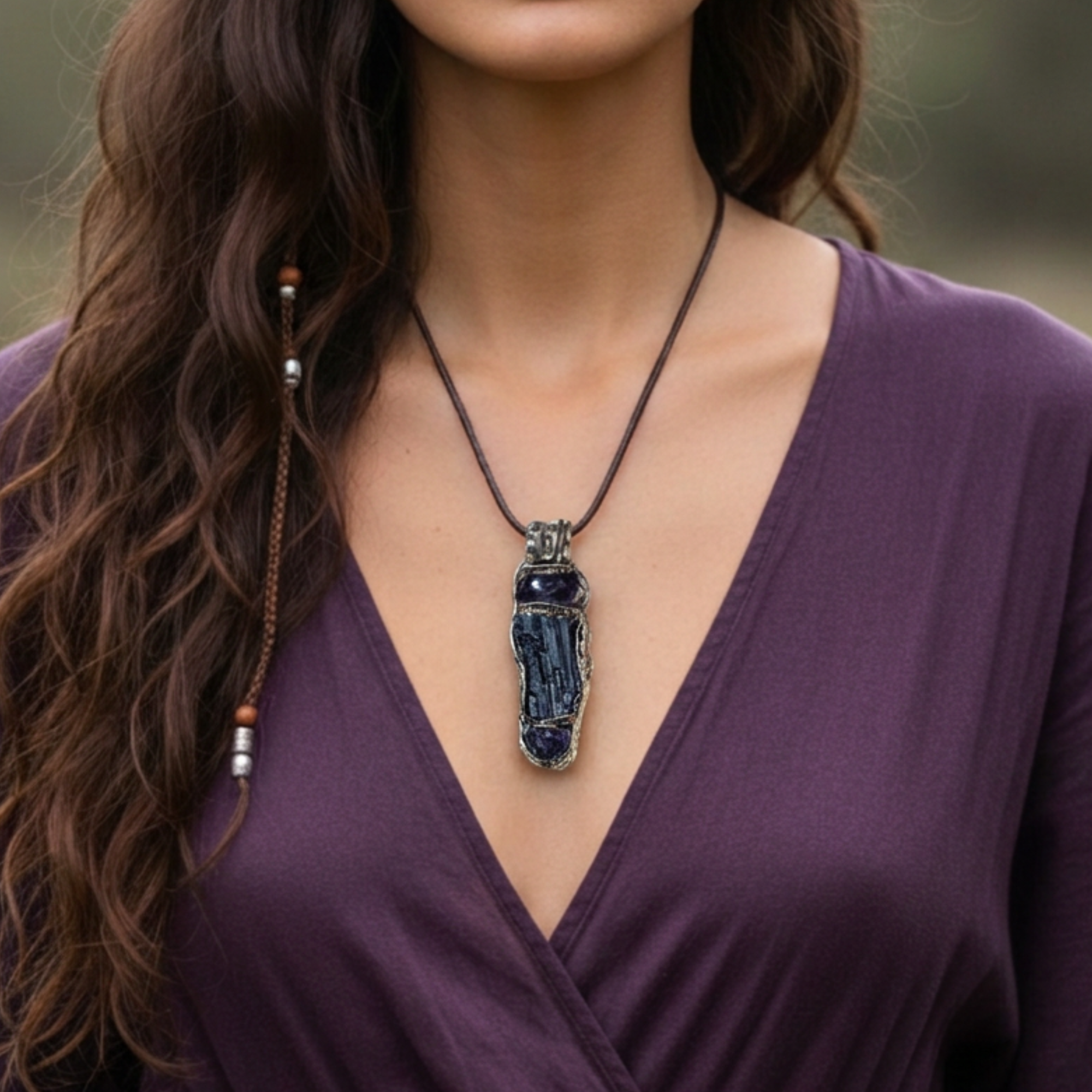 Black Tourmaline & Amethyst Pendant Necklace - Empath Protection Crystal Amulet.