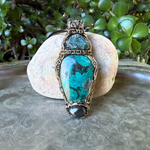Raw Emerald, Chrysocolla and Hematite pendant necklace with natural green and metallic stones, handcrafted one-of-a-kind crystal amulet.