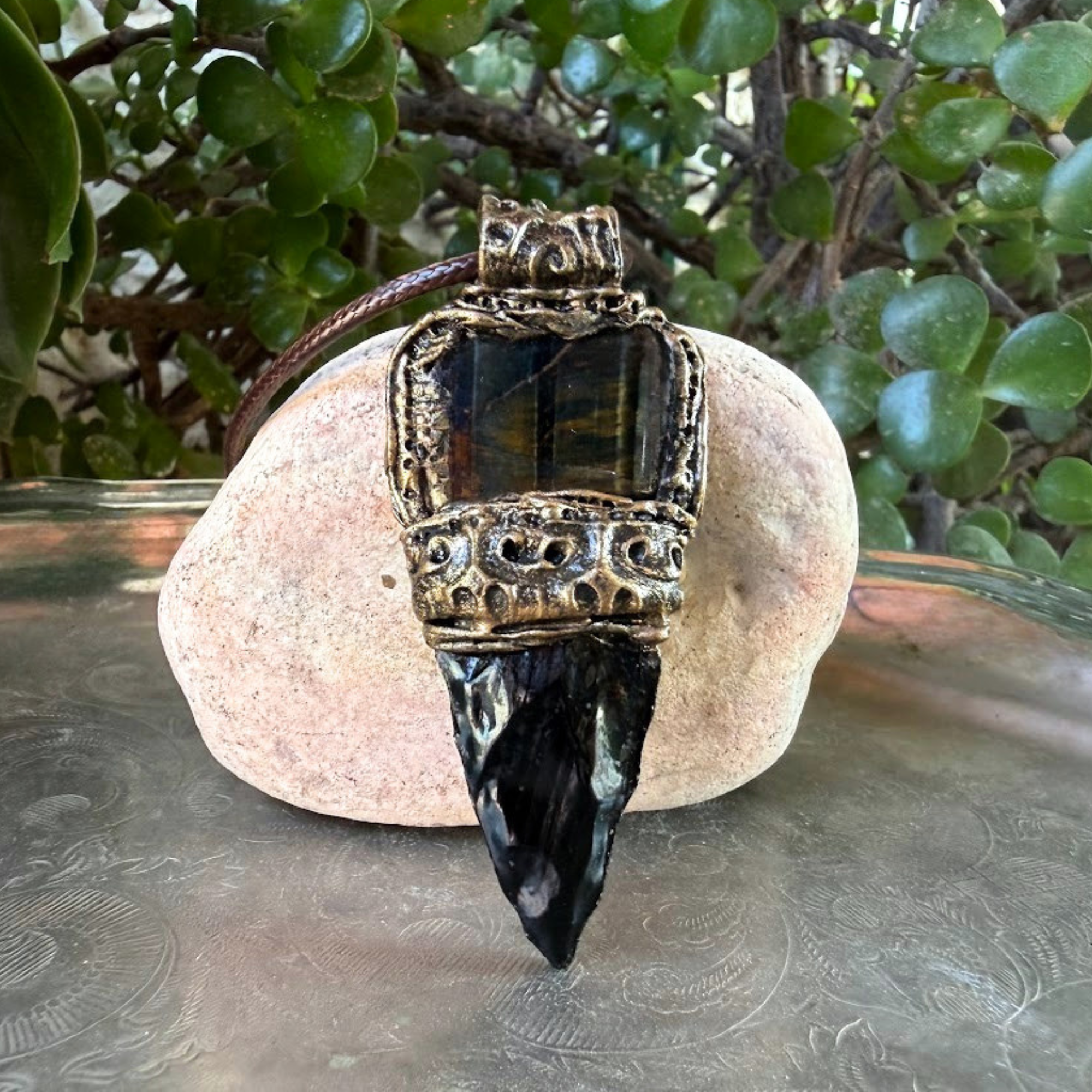 Tiger’s Eye and Obsidian arrow pendant necklace, protective healing crystal amulet.