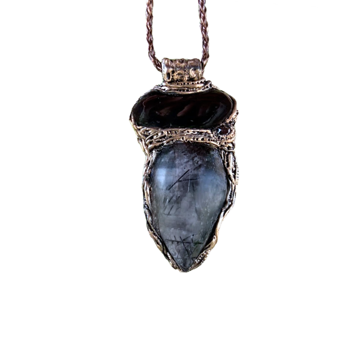 Large Tourmalinated Quartz and Black Onyx pendant necklace with black and translucent natural stones in a handcrafted sculptural setting.