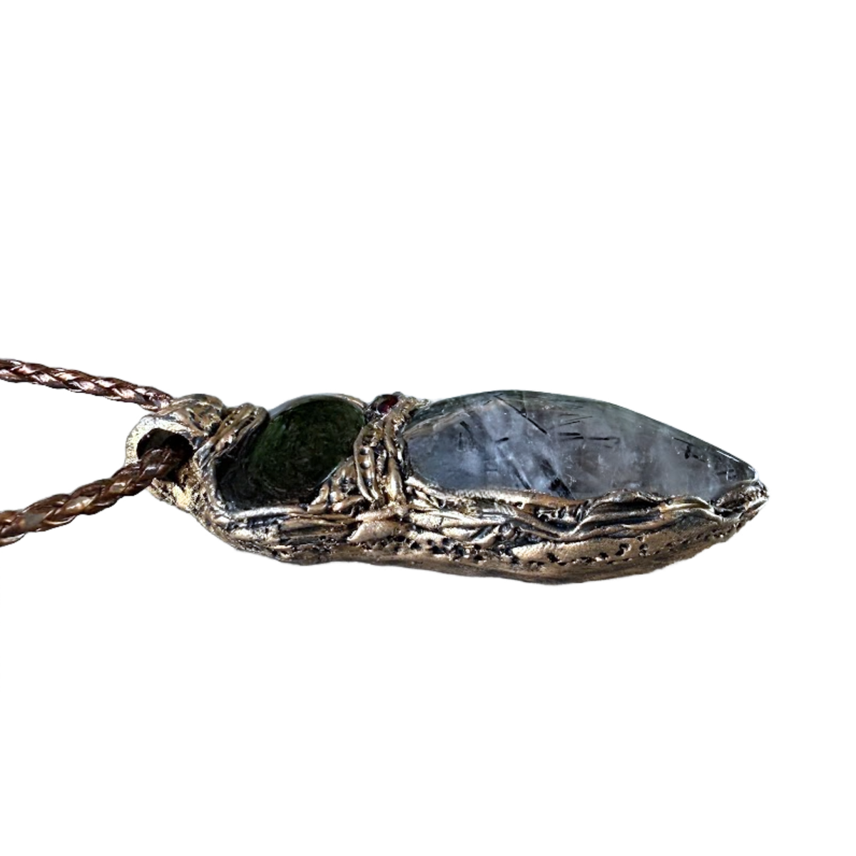Large Tourmalinated Quartz and Black Onyx pendant necklace with black and translucent natural stones in a handcrafted sculptural setting.