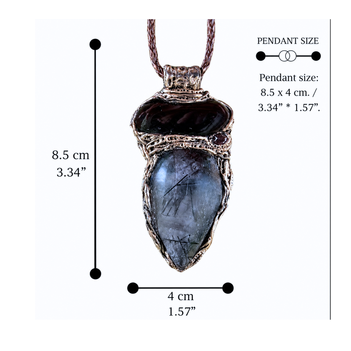 Large Tourmalinated Quartz and Black Onyx pendant necklace with black and translucent natural stones in a handcrafted sculptural setting.