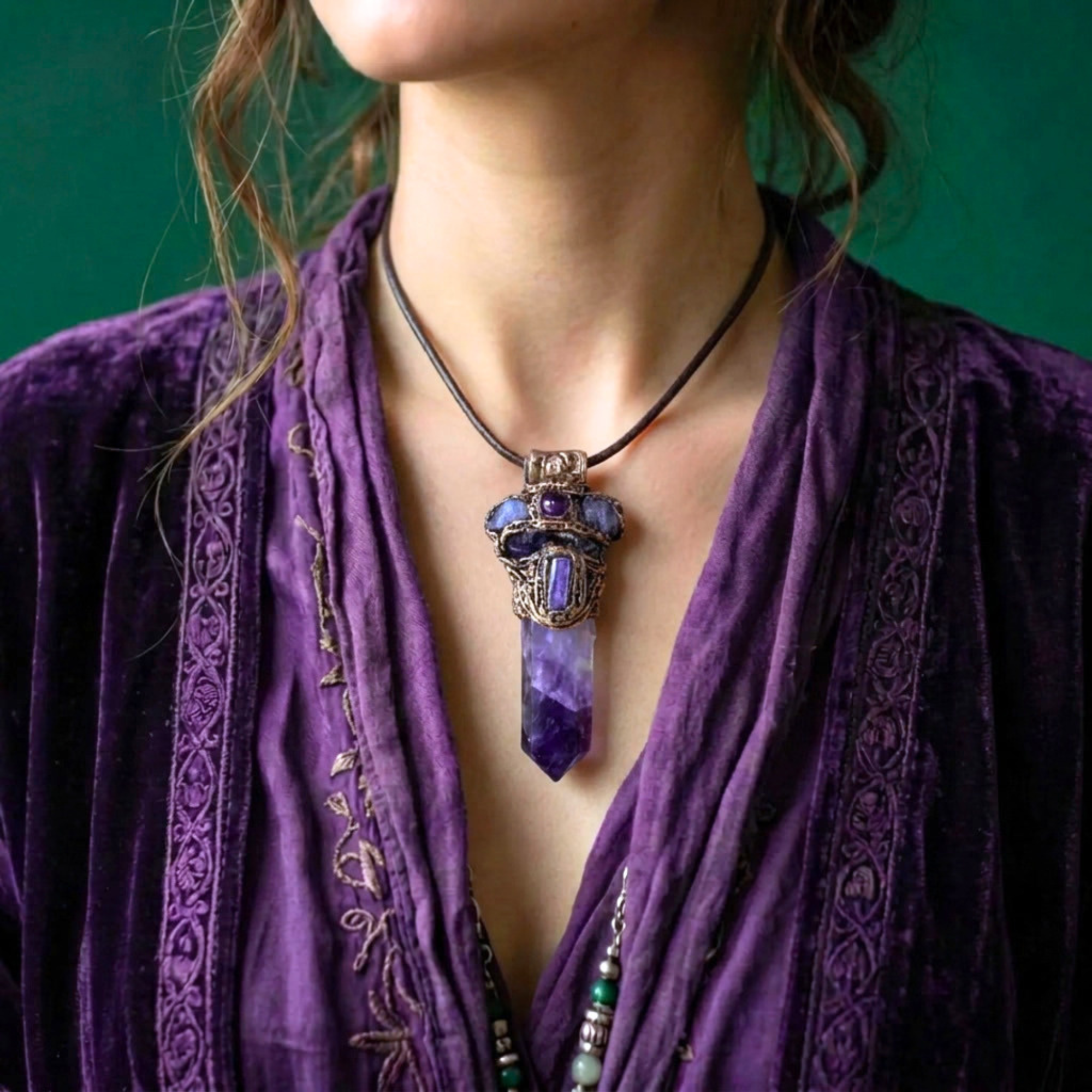 Amethyst & Tanzanite Pendant Necklace – Spiritual Healing Crystal Amulet