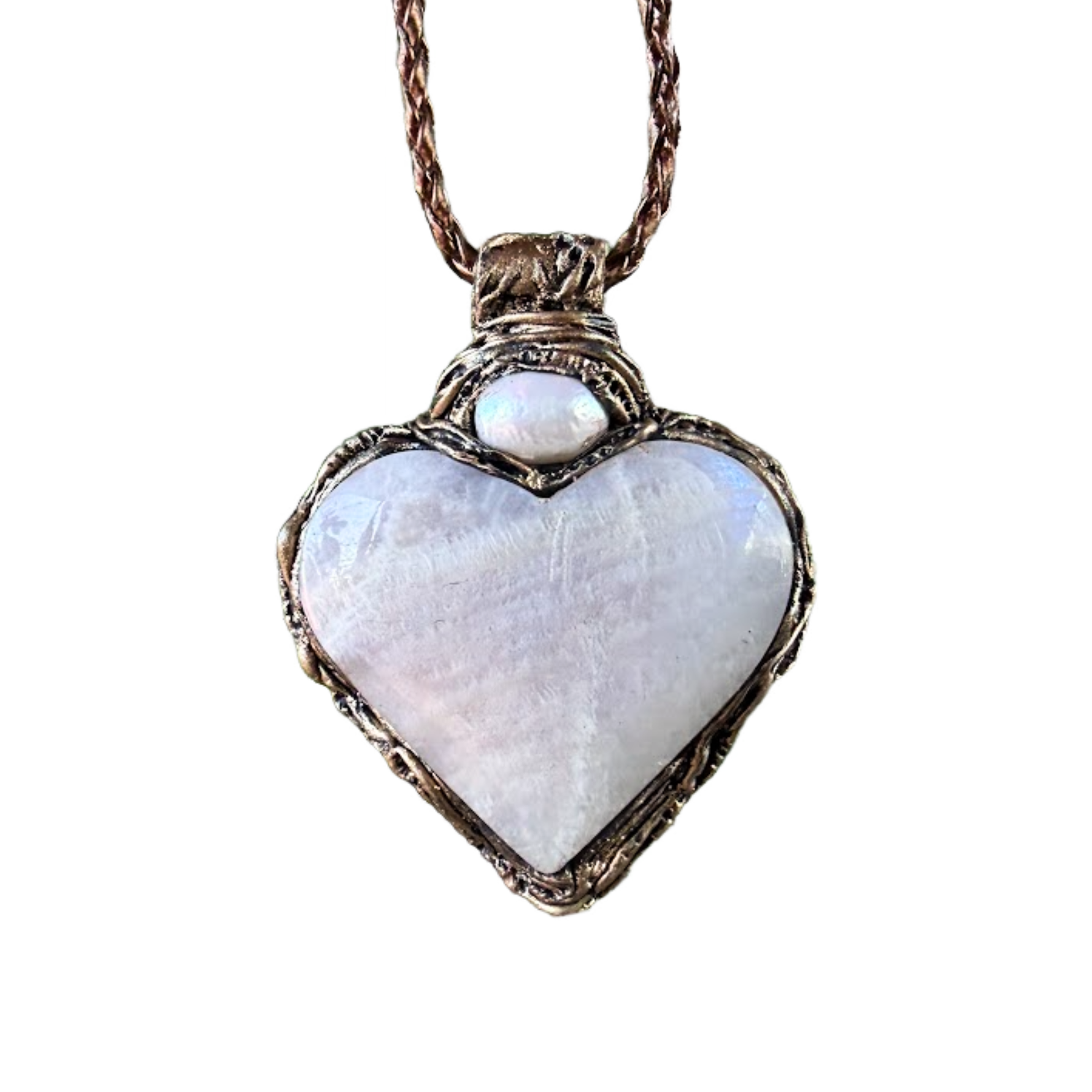 Moonstone and Pearl heart pendant necklace with luminous natural gemstones, handcrafted large one-of-a-kind crystal amulet.
