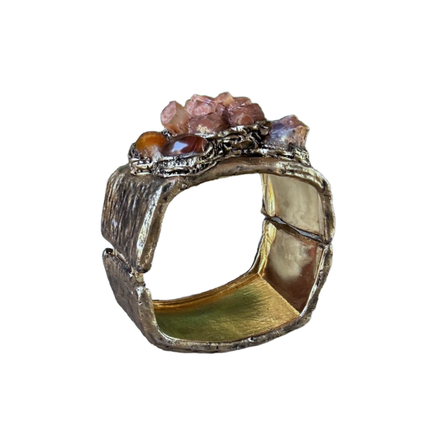 Aragonite, Citrine and Carnelian wide cuff bracelet, raw crystal statement jewelry.