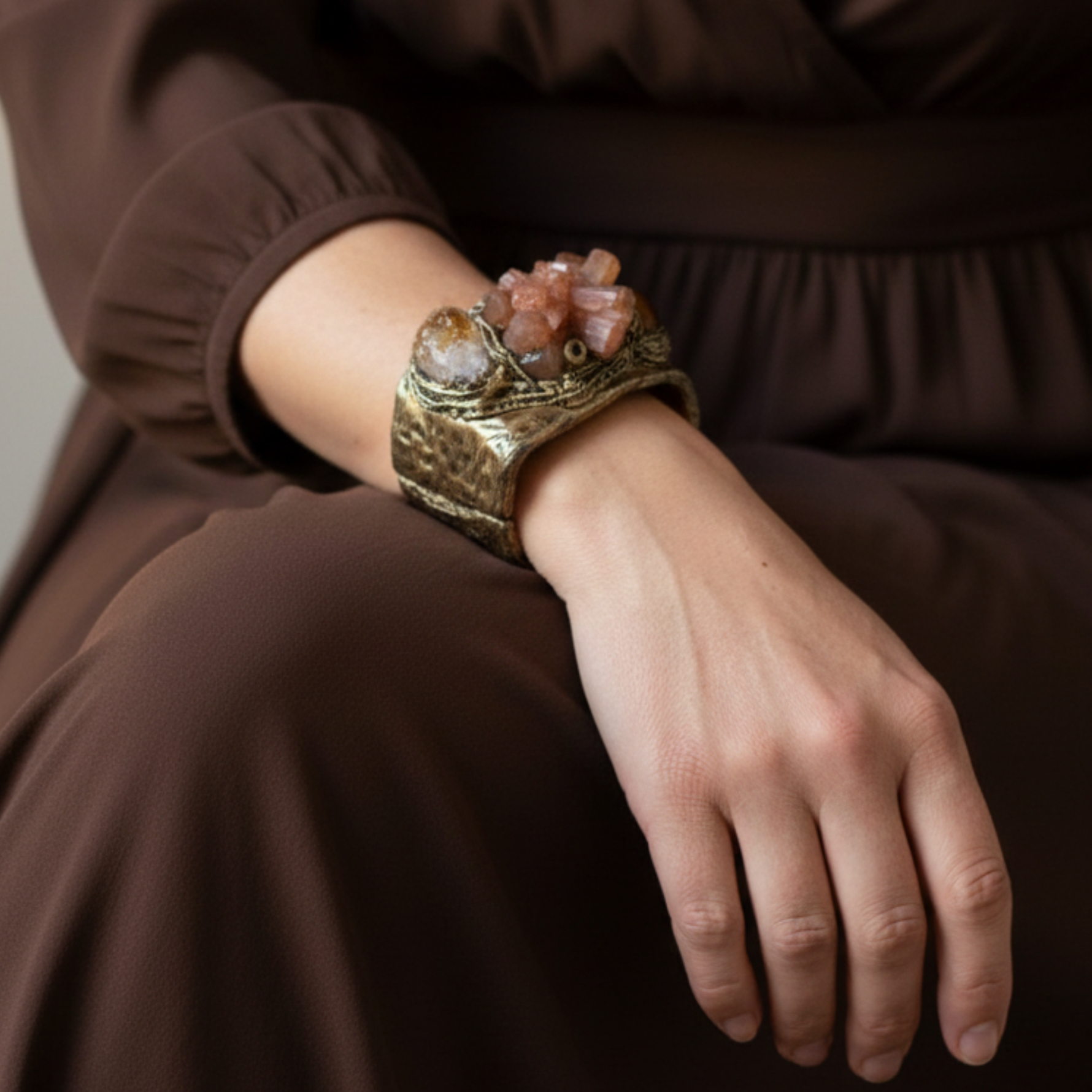 Aragonite, Citrine & Carnelian Wide Cuff Bracelet - Raw Crystal Statement Hinged Bracelet