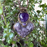Lepidolite and Amethyst heart pendant necklace with natural purple gemstones, handcrafted large crystal amulet in a one-of-a-kind design.