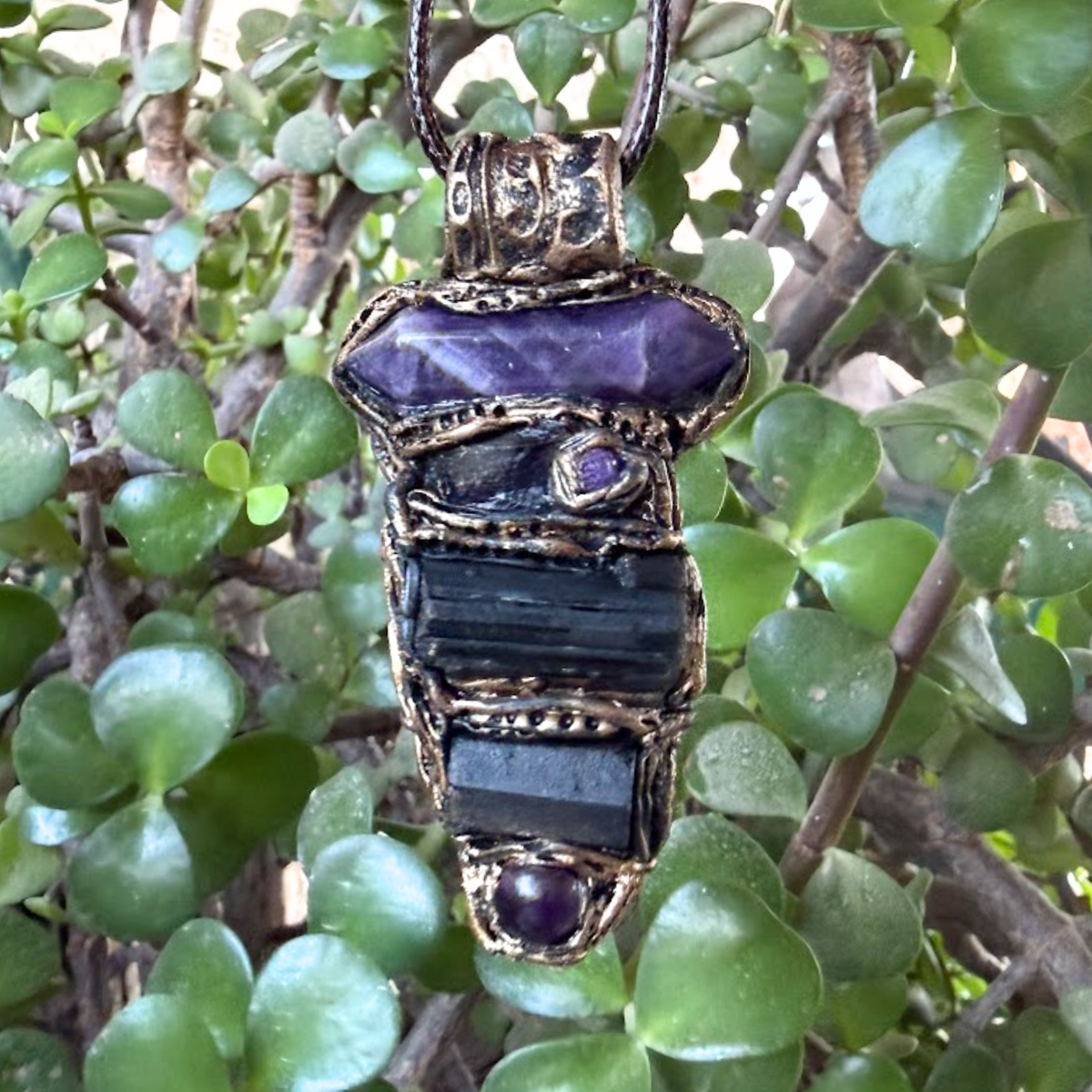 Black Tourmaline & Amethyst Pendant Necklace - Empath Protection Crystal Amulet.