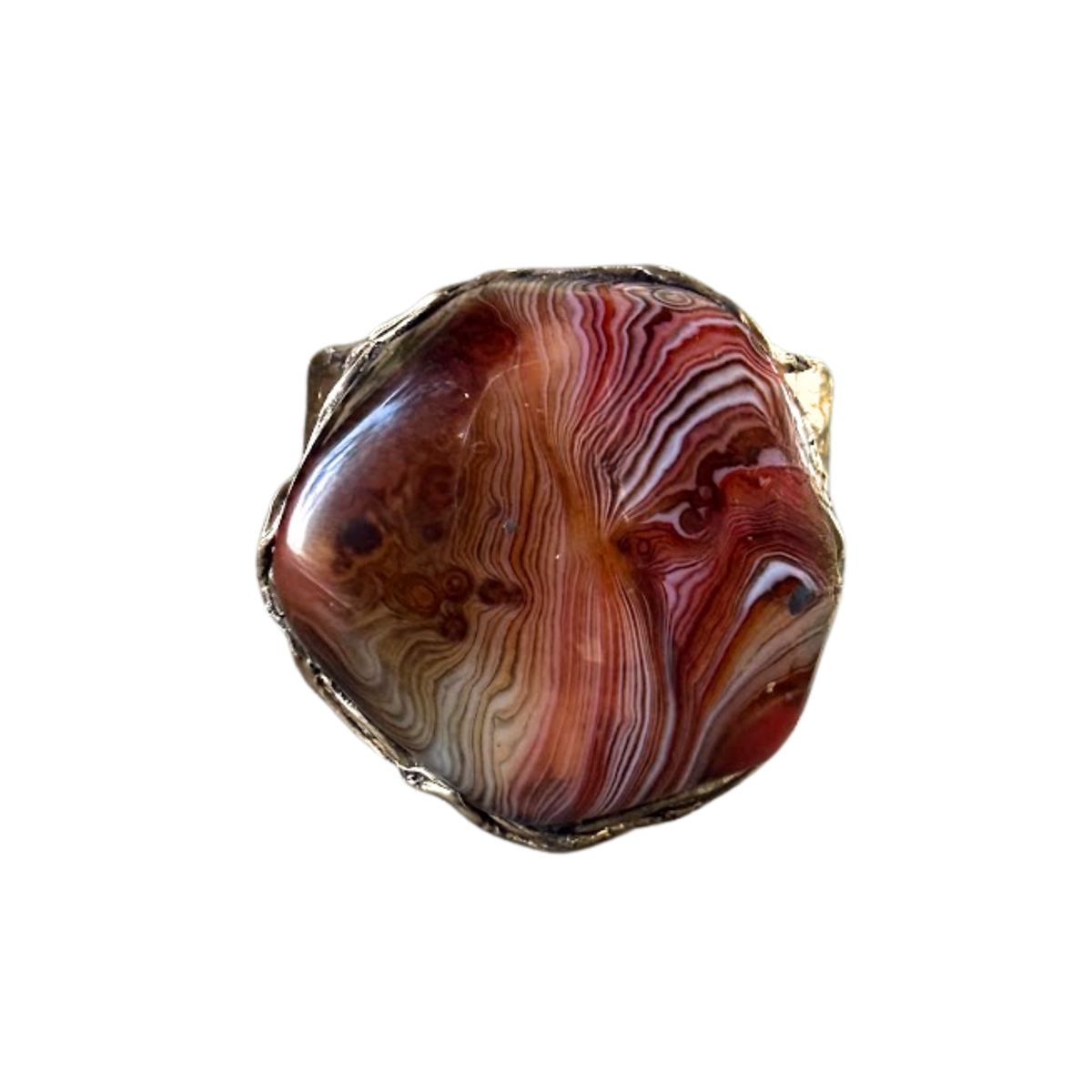 Wide statement cuff bracelet with an exceptionally large natural Sardonyx displaying red, rust, cream and white banded patterns.