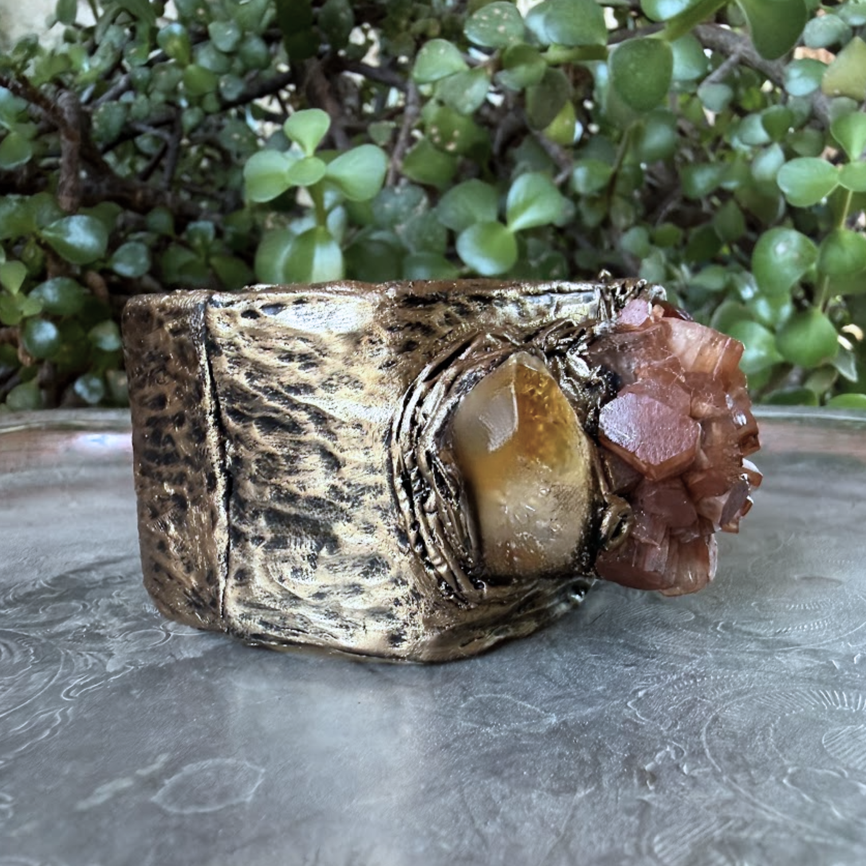 Aragonite, Citrine and Carnelian wide cuff bracelet, raw crystal statement jewelry.
