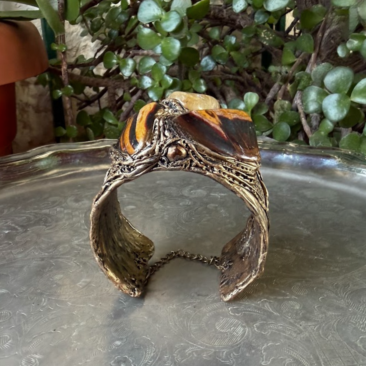 Tiger Eye and Citrine Wide Cuff Bracelet: Chunky Stone Jewelry