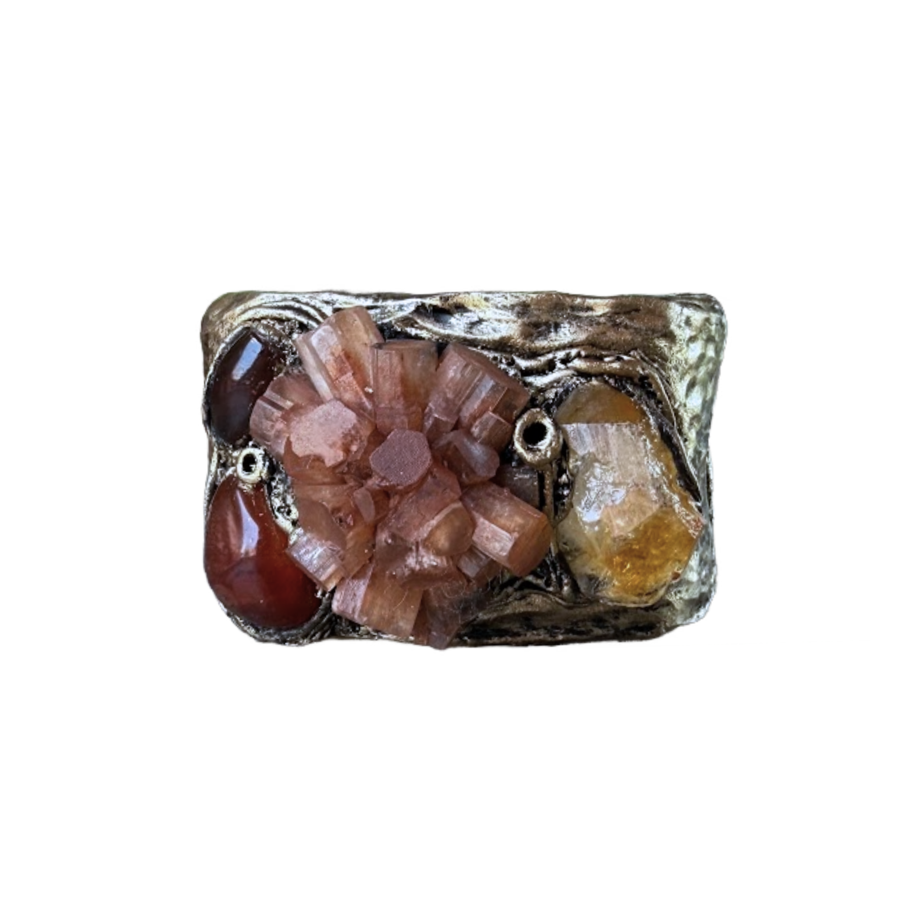 Aragonite, Citrine and Carnelian wide cuff bracelet, raw crystal statement jewelry.