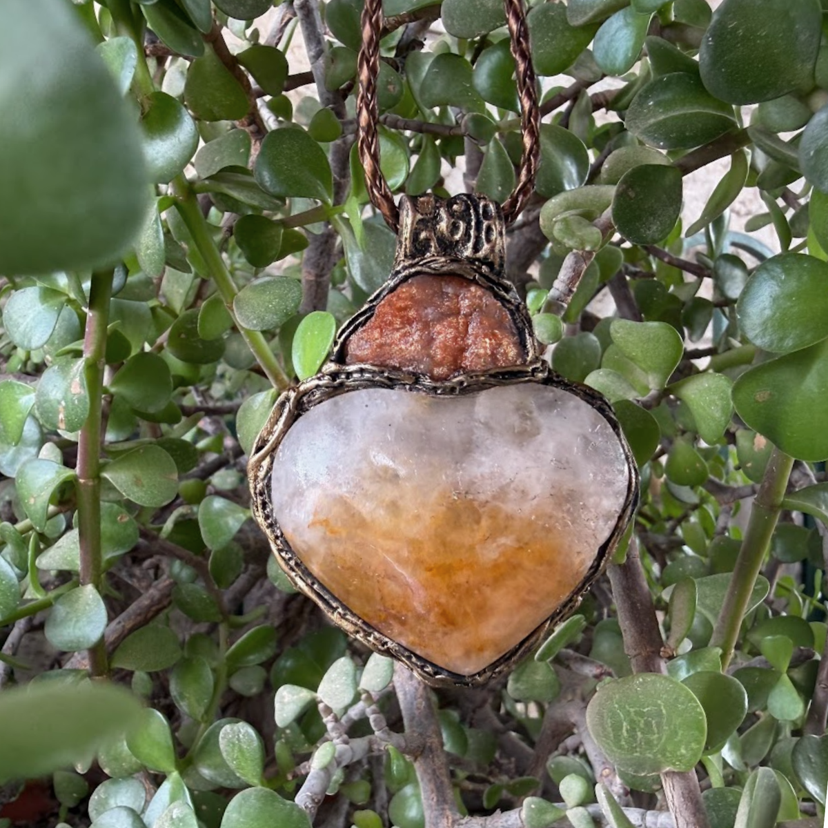 Golden Healer Quartz and Sunstone heart pendant necklace, radiant healing crystal amulet.