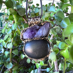 Shungite and raw Amethyst pendant necklace with genuine natural gemstones, handcrafted empath protection crystal amulet for grounding and intuition.