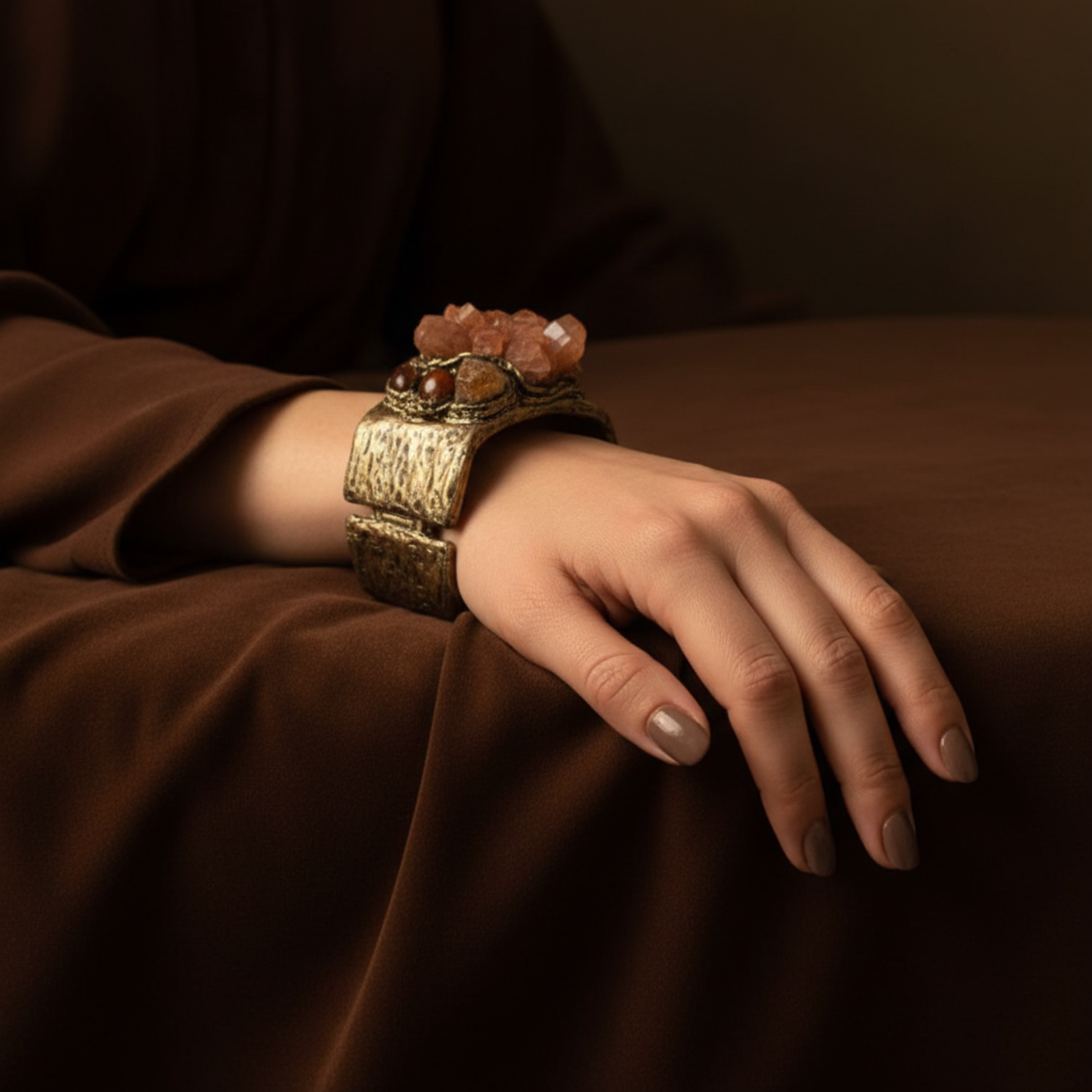 Aragonite, Citrine and Carnelian wide cuff bracelet, raw crystal statement jewelry.