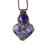 Lepidolite and Amethyst heart pendant necklace with natural purple gemstones, handcrafted large crystal amulet in a one-of-a-kind design.