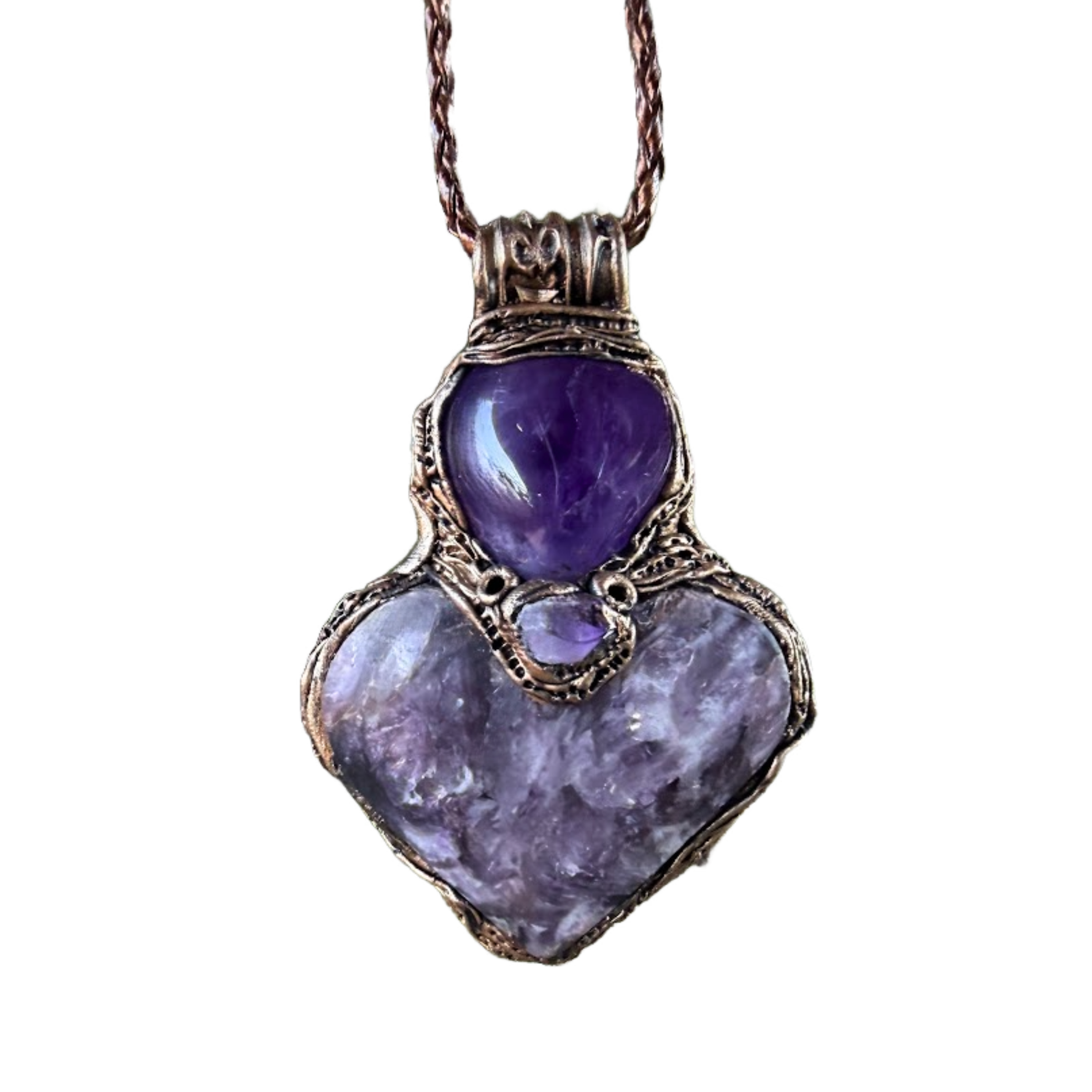 Lepidolite and Amethyst heart pendant necklace with natural purple gemstones, handcrafted large crystal amulet in a one-of-a-kind design.