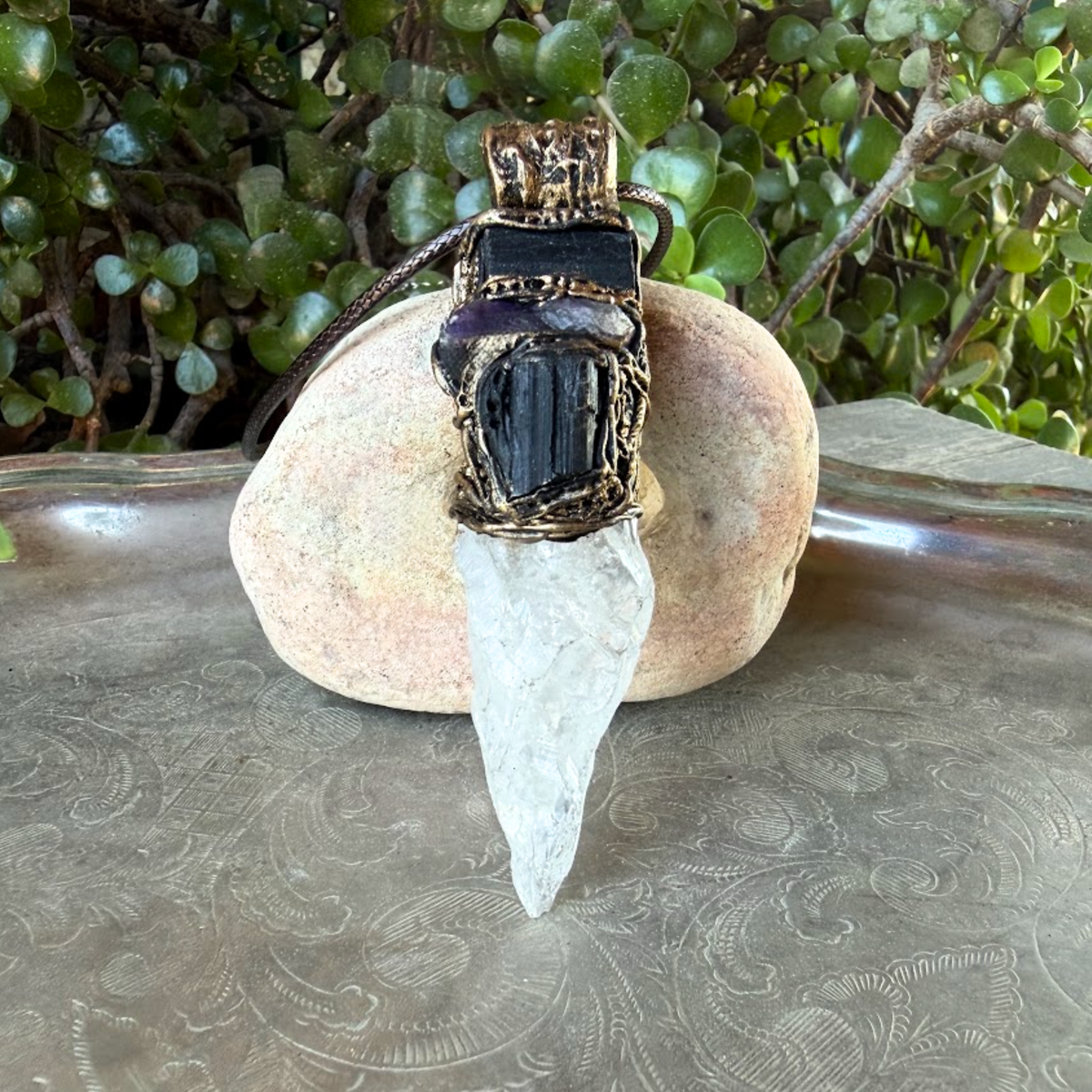Black Tourmaline, Calcite and Amethyst pendant necklace with natural gemstones, handcrafted one-of-a-kind empath protection amulet.