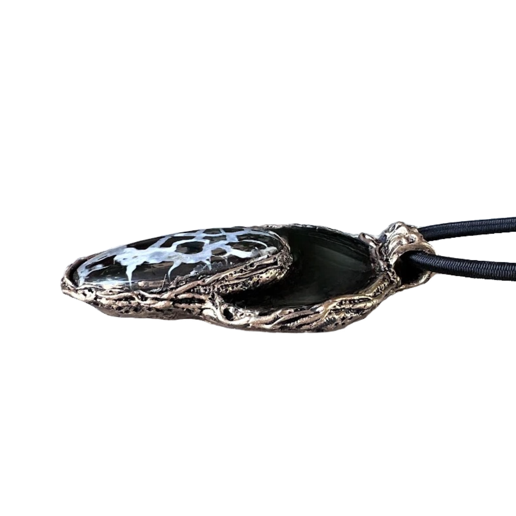 Large black Obsidian and Septarian stone pendant necklace, bold empath protection crystal amulet.