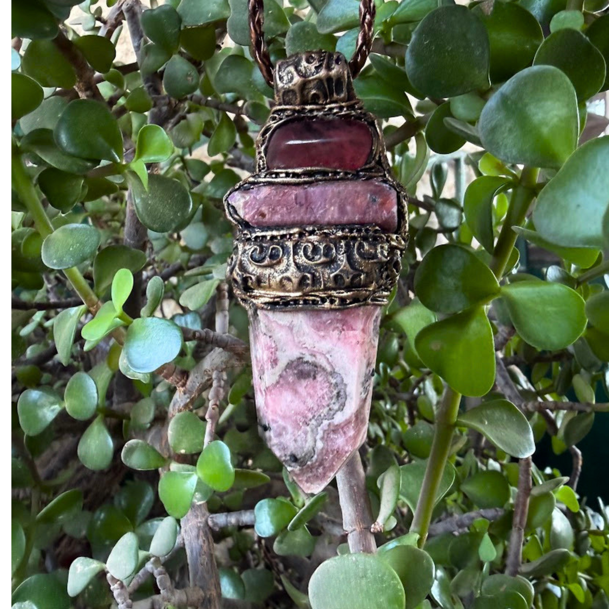 Rhodochrosite, Ruby and Cherry Quartz pendant necklace with large natural pink and red stones, handcrafted one-of-a-kind love crystal amulet.