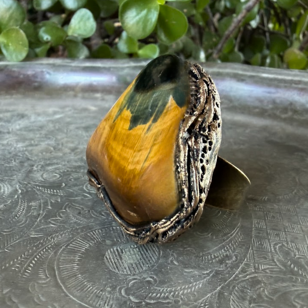 Tiger Eye yellow stone chunky cocktail ring, bold natural statement jewelry.