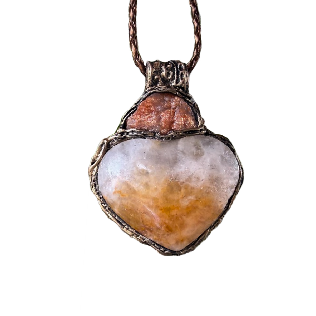 Golden Healer Quartz and Sunstone heart pendant necklace, radiant healing crystal amulet.