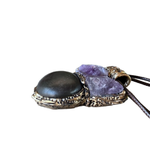 Shungite and raw Amethyst pendant necklace with genuine natural gemstones, handcrafted empath protection crystal amulet for grounding and intuition.
