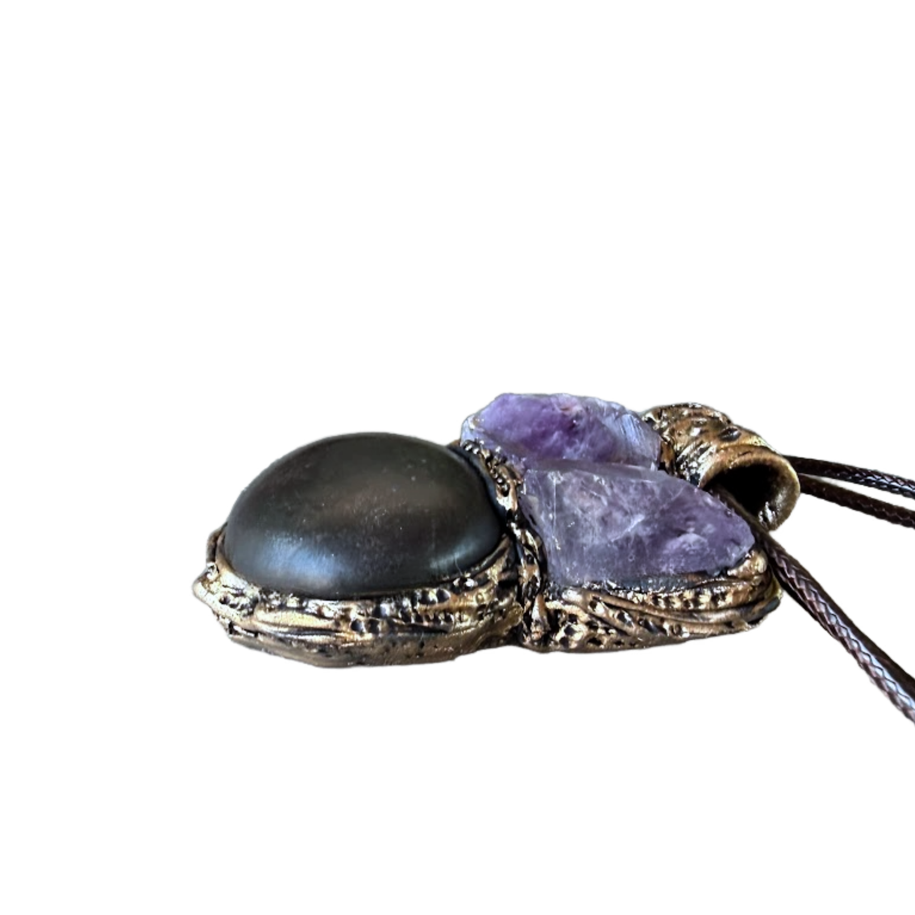 Shungite and raw Amethyst pendant necklace with genuine natural gemstones, handcrafted empath protection crystal amulet for grounding and intuition.