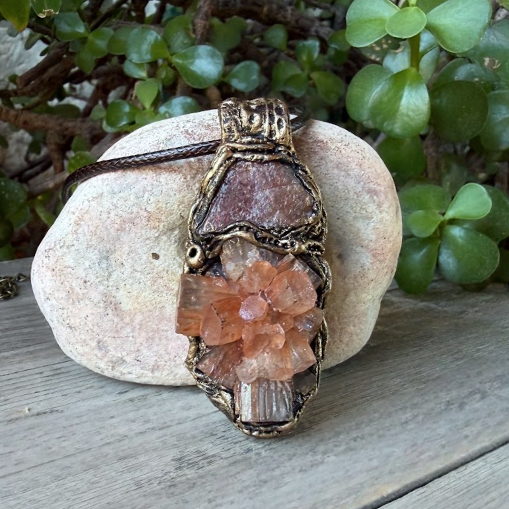 Sunstone and Aragonite cluster pendant necklace with natural raw crystals, handcrafted one-of-a-kind gemstone amulet for joy and grounding.