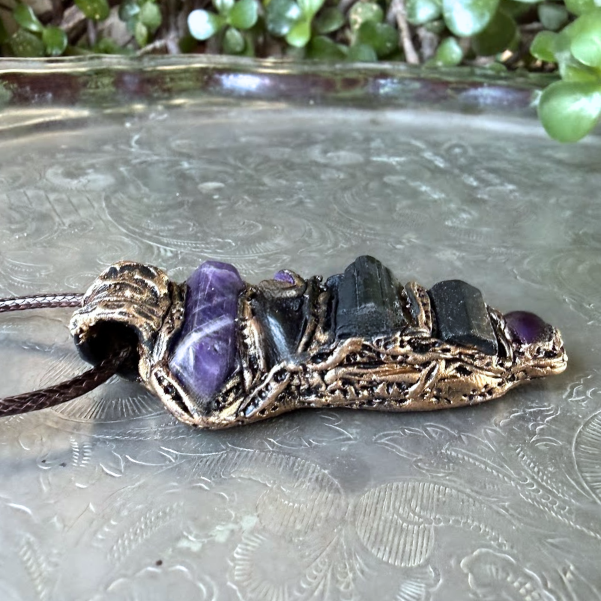 Black Tourmaline & Amethyst Pendant Necklace - Empath Protection Crystal Amulet.