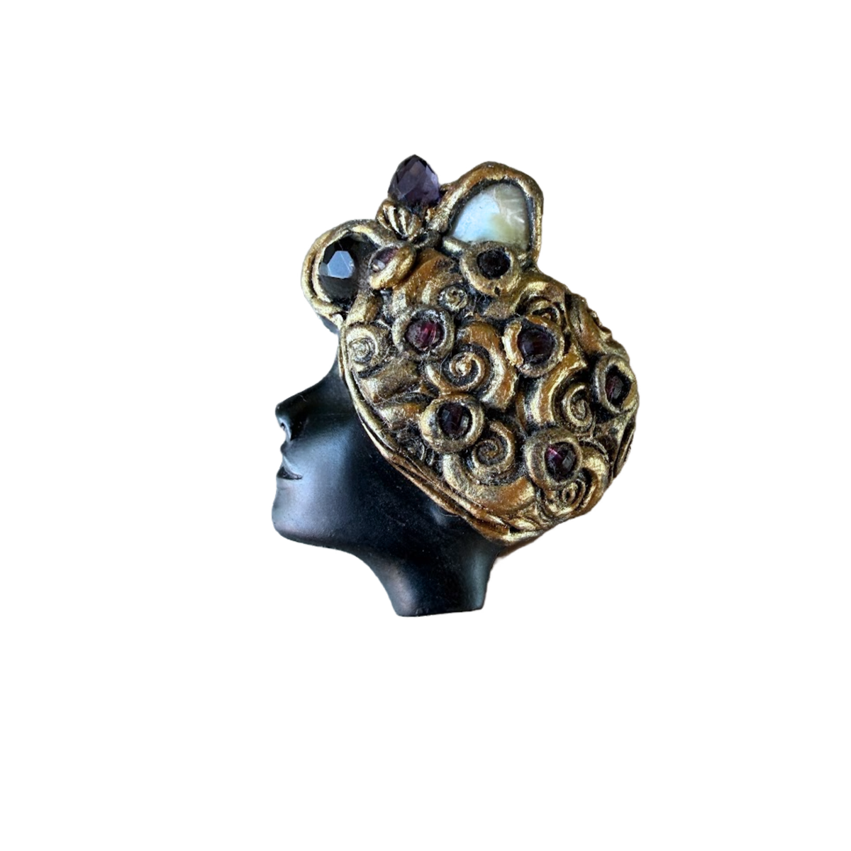 Sculptural woman profile brooch with natural Baroque Pearl, Czech crystals and antique gold details, handcrafted one-of-a-kind statement pin.