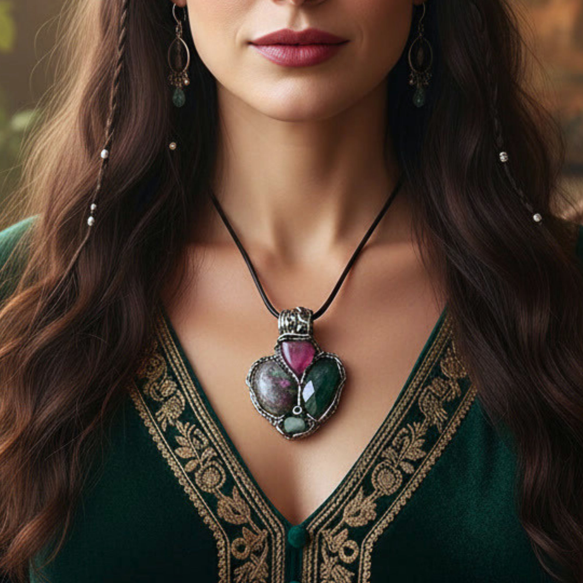 Ruby Zoisite, Jade and Cherry Quartz pendant necklace with natural pink and green gemstones, handcrafted one-of-a-kind crystal amulet.