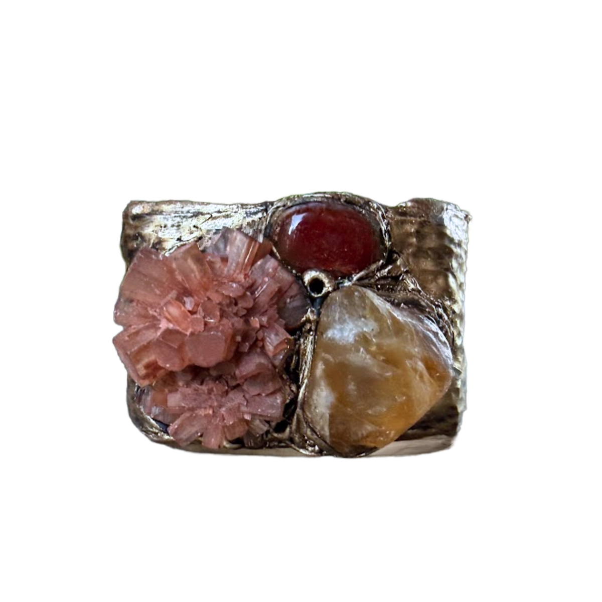 Aragonite, Citrine and Carnelian wide cuff bracelet, raw crystal statement jewelry.