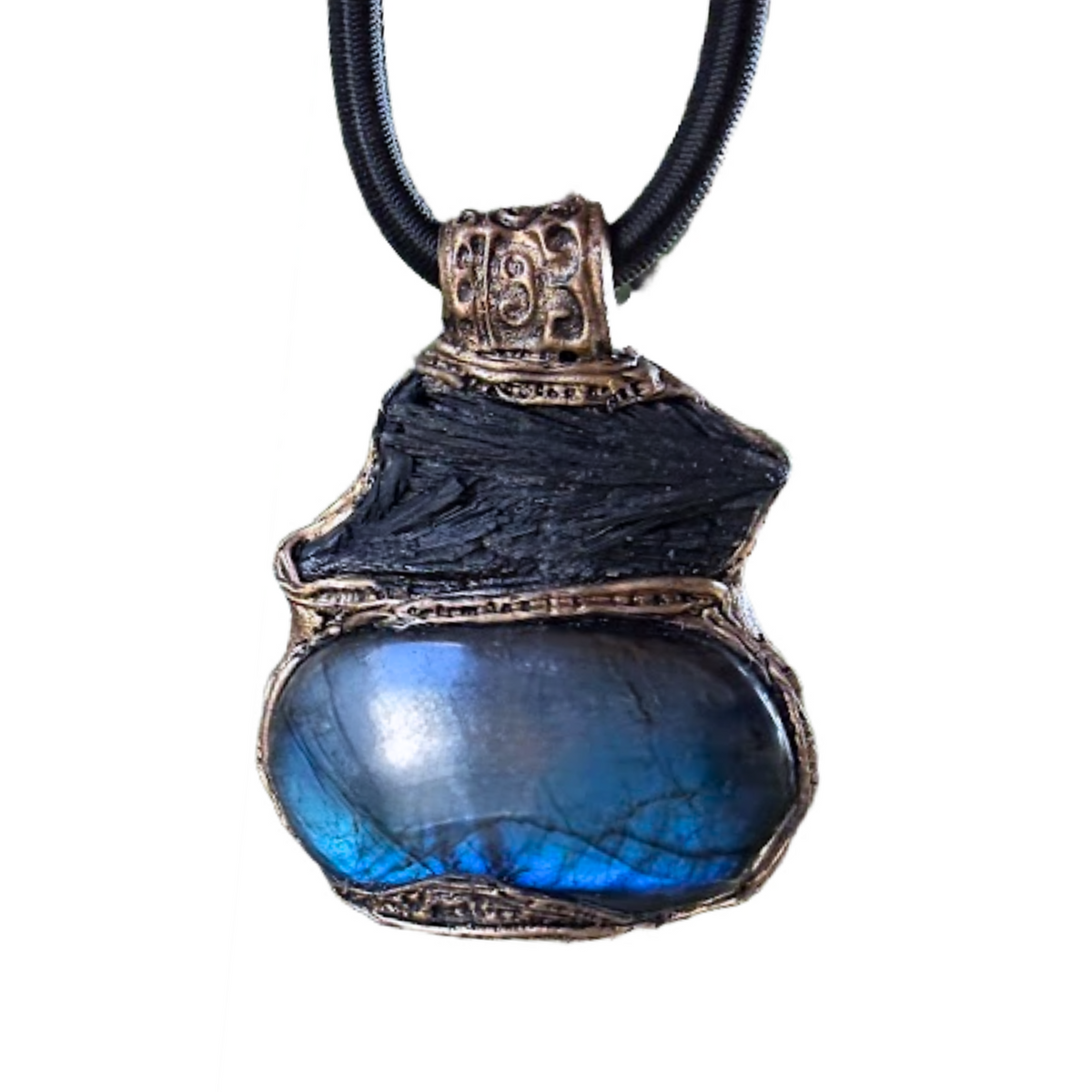 Large Labradorite and Black Kyanite pendant choker worn on a model, featuring raw black crystal above a polished blue-flash Labradorite in an ornate bronze-tone setting.