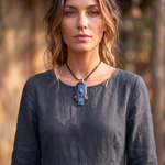 Handmade Blue Apatite pendant necklace combining raw and polished blue gemstones with contrasting textures in an ornate antique bronze-tone polymer clay setting on a black cord.
