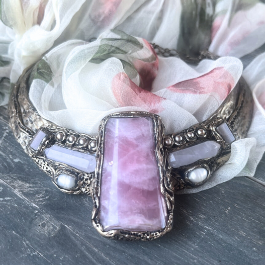 Rose Quartz Chunky Necklace with Pearls - Statement Boho Jewelry