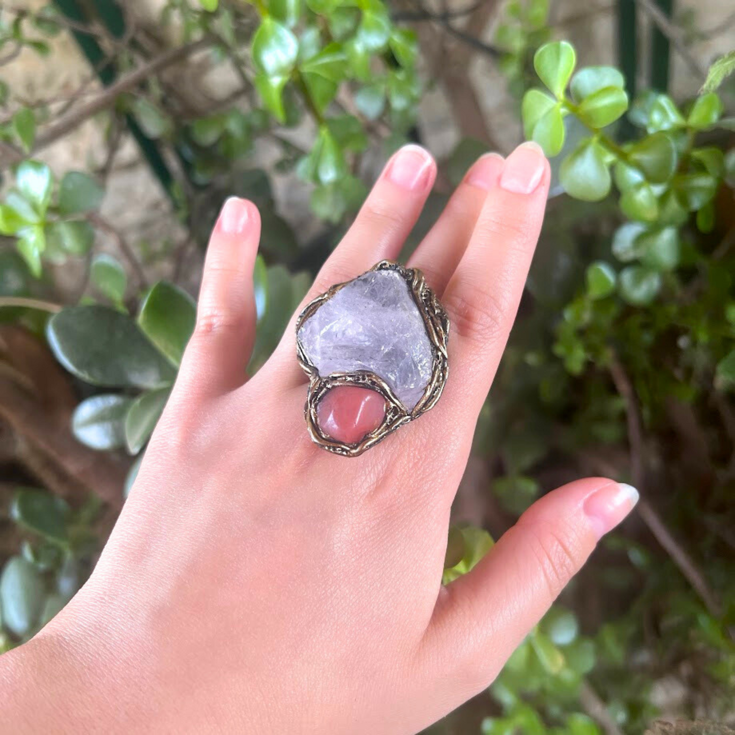 Chunky Rose Quartz Crystal Statement Ring, Oversized Stone Cocktail Ring