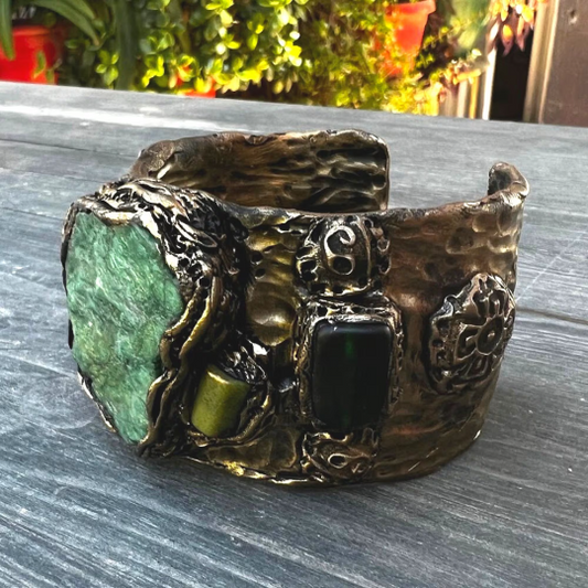 Raw Stone Buddstone & Green Jade Chunky Boho Bracelet, statement gemstone cuff