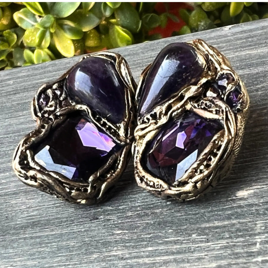 Purple Amethyst Crystal Gemstone Earrings, Statement Large Bohemian Studs