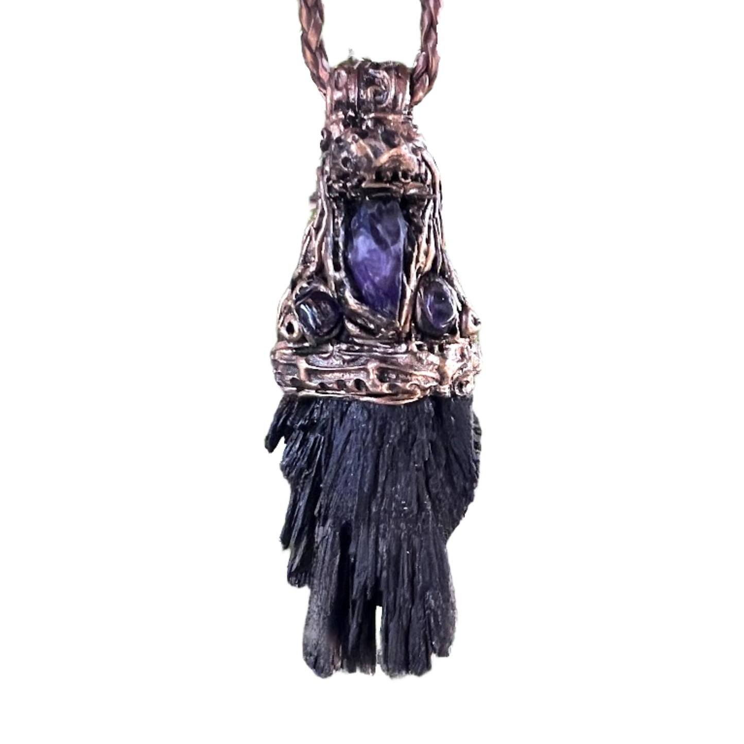 Black Kyanite & Amethyst Empath Protection Necklace, Raw Crystal Amulet