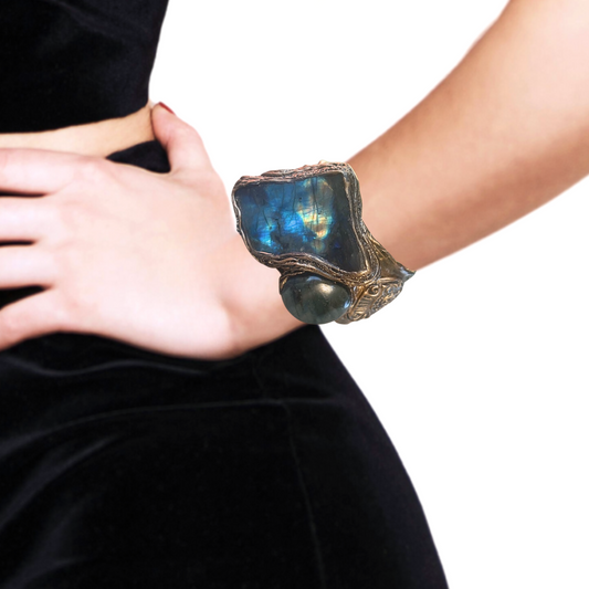 Blue Labradorite Statement Bracelet - Chunky Gemstone Cuff