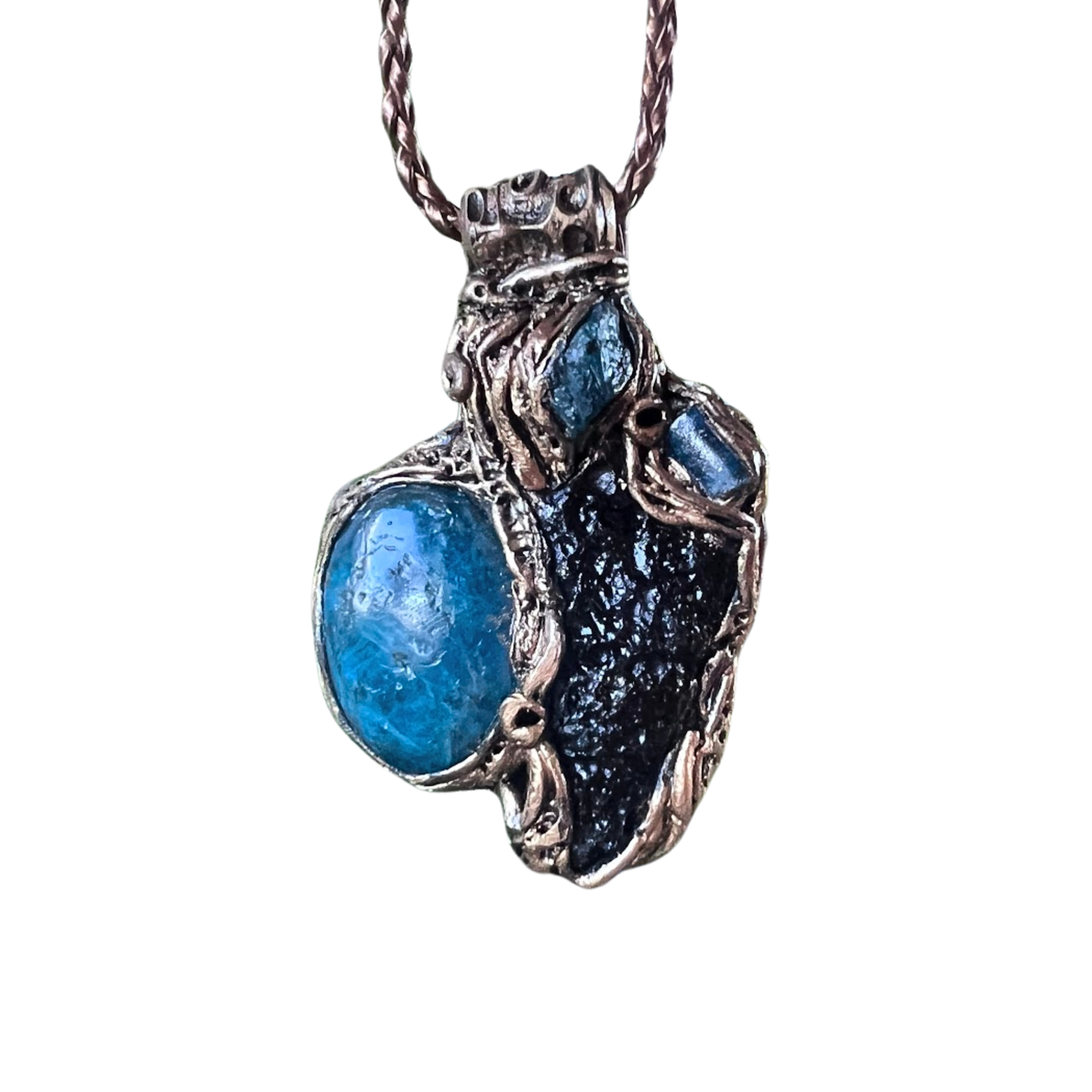 Meteorite Tektite and Blue Apatite gemstone necklace