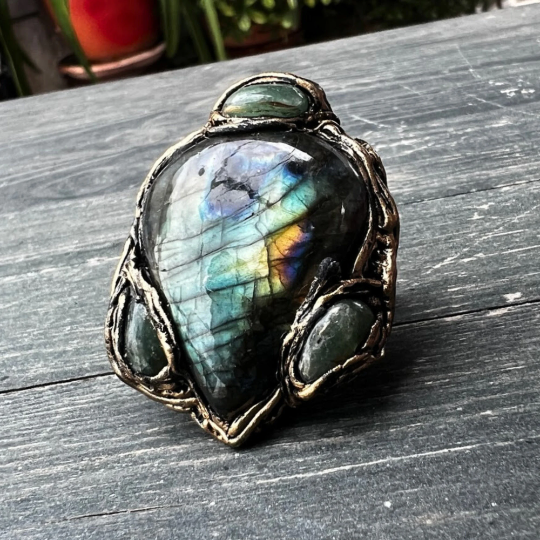 Rainbow Labradorite & Green Aventurine Chunky Large Stone Cocktail Ring