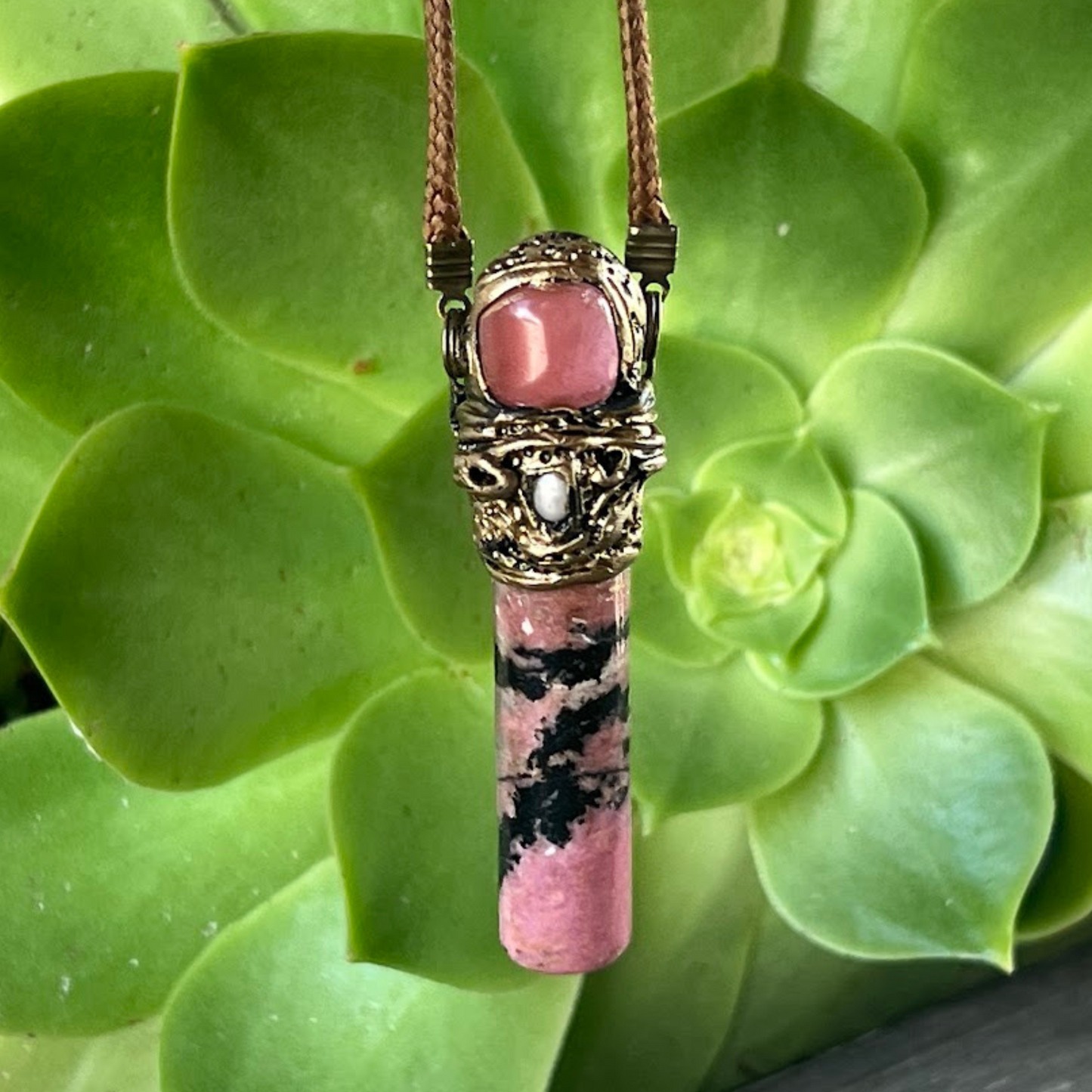 Rhodonite & Cherry Quartz Pendant - Healing Crystal Stone Protection Necklace Gift